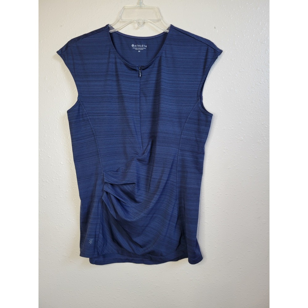 Athleta Pacifica Rash Guard Ruched 1/2 Zip Blue Top Back Pocket Size M